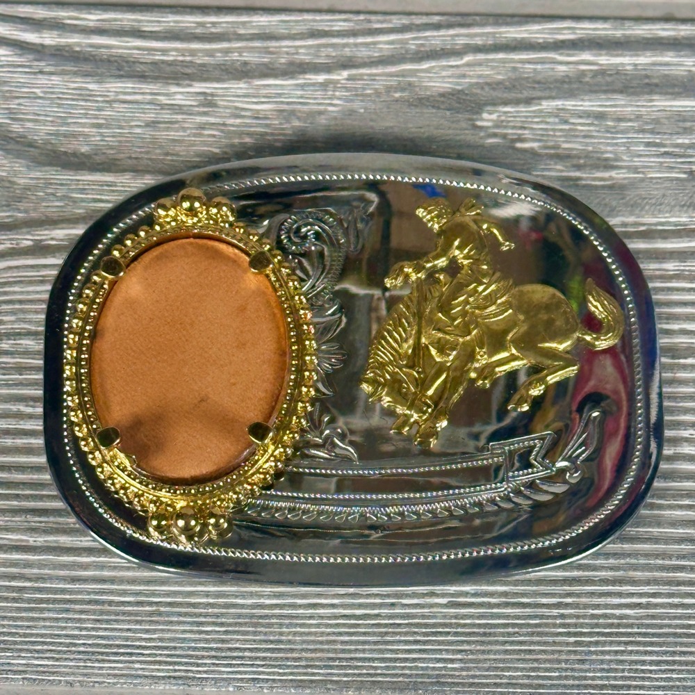 Mens Western Belt Buckle Silver Gold Two Tone Rodeo‎ Bronc Rider Picture Frame